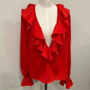 SHEIN Red Sexy Ruffle Collar Deep V-Neck Long Sleeve Blouse Top Size Medium 6